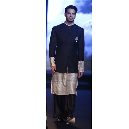 Debarun - Black Tussar Silk Ethnic Wear Kurta Pajama with Jacket - BD-2015-57