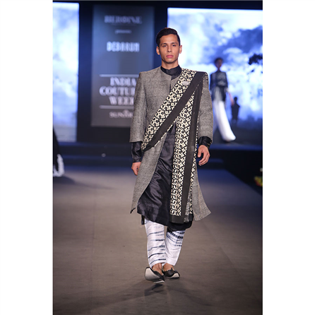 Debarun - Grey Matka Silk Textured Jacket with Silk Kurta & Shibori Pants - BD-2015-58