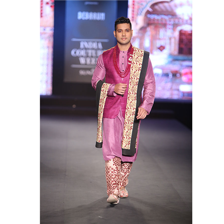 Debarun - Pure Silk Lavender Kurta with Sleeveless Jacket and Printed Pajama - BD-2015-59
