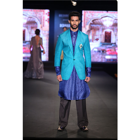 Debarun - Indigo Blue Silk Shirt Kurta with Black Pajama and Aqua Blue Jacket - BD-2015-60