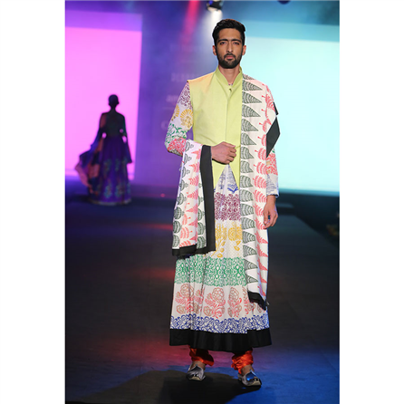 Debarun - Multicolored Tussar Silk Flared Kurta with Jacket & Dupatta - BD-2015-61