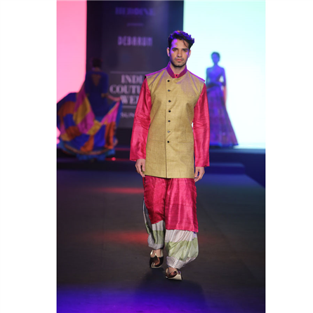 Debarun - Pink Tussar Silk Kurta with Matka Silk Jacket and Printed Salwar - BD-2015-62