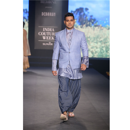 Debarun - Grey Blue Tussar Silk Kurta with Pleated Salwar and Three Quarter Sleeved Jacket - BD-2015-63
