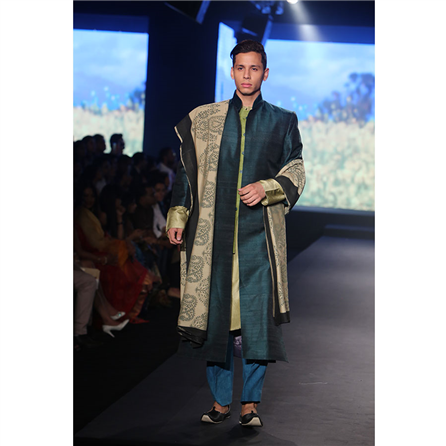 Debarun - Tussar Silk Kurta with Raw Silk Long Open Jacket and Printed Dupatta - BD-2015-64