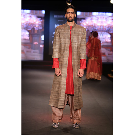 Debarun - Maroon Silk Kurta with Salwar and Three Quarter Sleeved Jacket - BD-2015-66