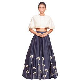 Salt and Spring - Off White Cape Blouse & Embroidered Blue Skirt Set - T-1001-SK-1001