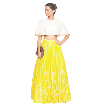 Salt and Spring - Off White Cape Blouse & Embroidered Yellow Skirt Set - T-1001-SK-1003