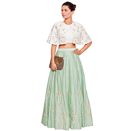 Salt and Spring - Off White Cape Blouse & Embroidered Sea Green Skirt Set - T-3001-SK-1009