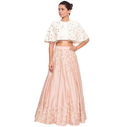 Salt and Spring - Off White Cape Blouse & Embroidered Blush Pink Skirt Set - T-3002B-SK-1011