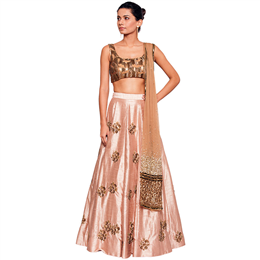 Salt and Spring - Embellished Bronze Blouse with Floret Blush Pink Skirt & Bronze Dupatta Set - BL-11001-SK-2001-D-1002