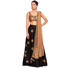 Salt and Spring - Embellished Bronze Blouse with Floret Black Skirt & Bronze Dupatta Set - BL-11001-SK-2003-D-1003