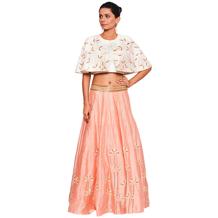 Salt and Spring - Off White Cape Blouse & Embroidered Peach Pink Skirt Set - T-3002A-SK-1011