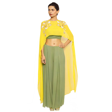 Salt and Spring - Olive Green Crop Top & Pants Set Paired with a Cape - T-4001-P-3002-CP-1002