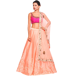 Salt and Spring - Fuchsia Choli paired with Peach Pink Cutdana Leaf Skirt & Dupatta - BL-9001-SK-9001-D-1006