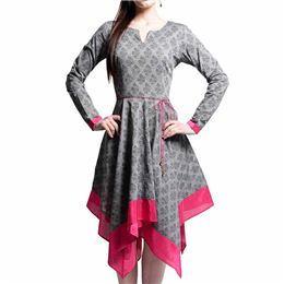 ANS ASTHA AND SIDHARTH Women's Designer Grey Mangalgiri Tunic with Pink Details