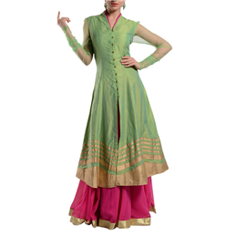 ANS ASTHA AND SIDHARTH Women's Designer Green Sherwani with Pink Skirt