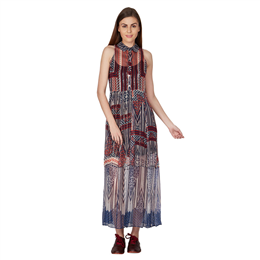 Red Long Dress with Geometric and Floral Fusion Pattern and Sheer Overlay DRSVCF50S00N13533884