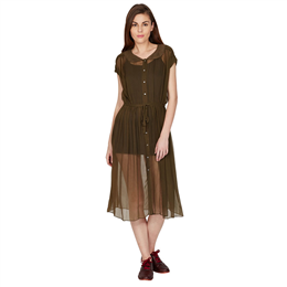 Khaki Short Dress With Trendy Sheer Overlay DRSVCF50S00N13683908