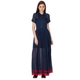 Navy Long Dress with Short Sleeves and Sheer Overlay DRSV-DB00N13573776