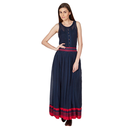Navy Long Skirt in Polka Dotted Pattern and Pop of Neon  SKRV-DB00N13573799