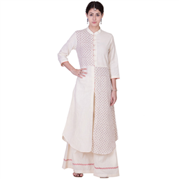 ANS ASTHA AND SIDHARTH Women's Off White Block-printed Muslin Maxi Tunic - ANS-1353